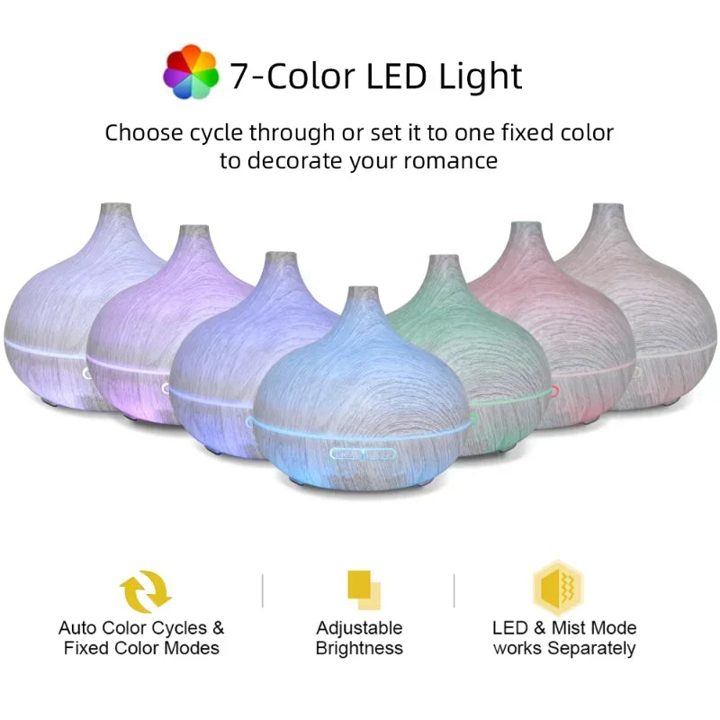550ml Wood Grain Aromatherapy Diffuser & Humidifier with Remote Control, 6 Essential Oils Included, Ultrasonic Silent Operation