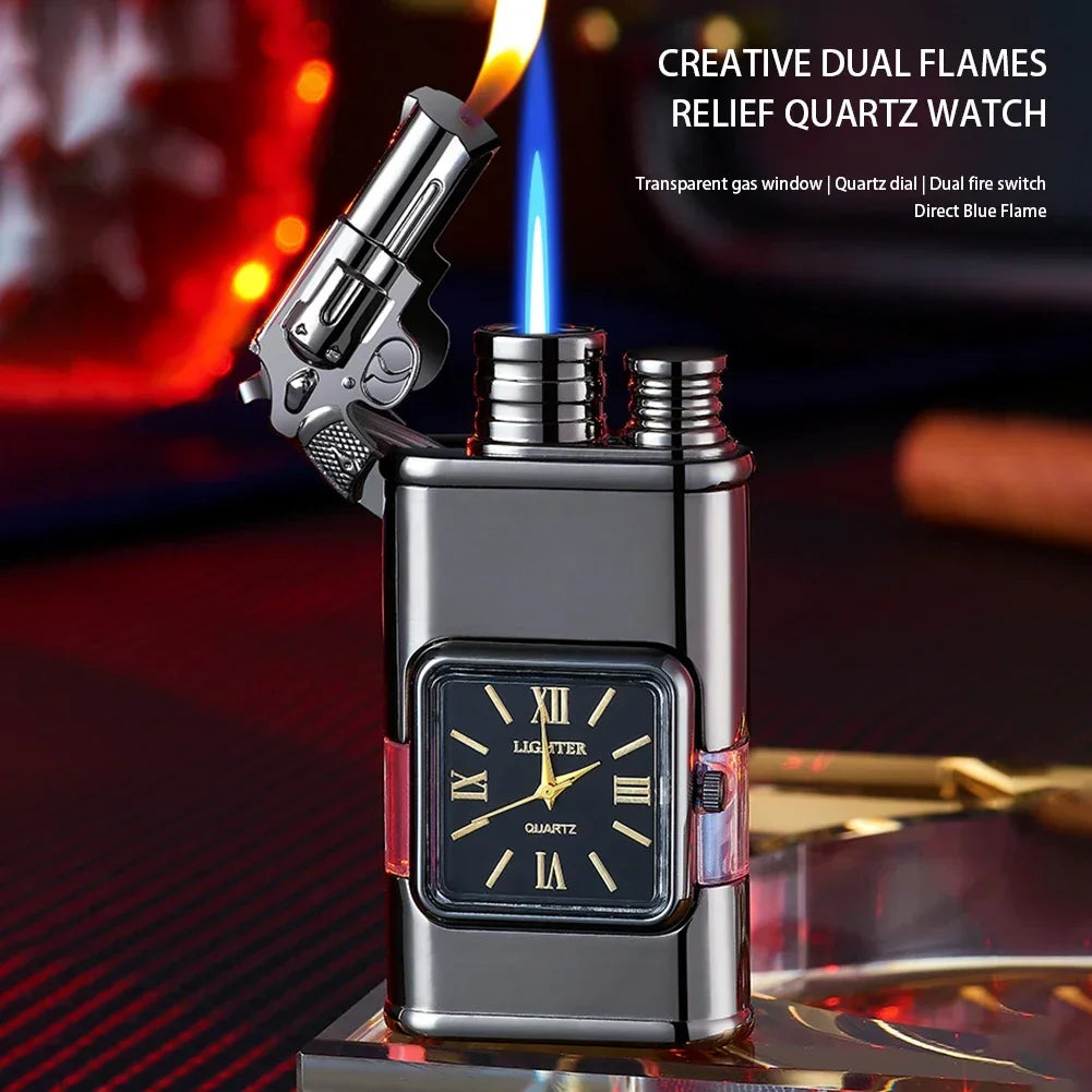 Gun Model Dual Flame Lighter with Watch Metal Windproof Torch Jet Open Flames Personalized Embossed Lighters for Men's Gifts