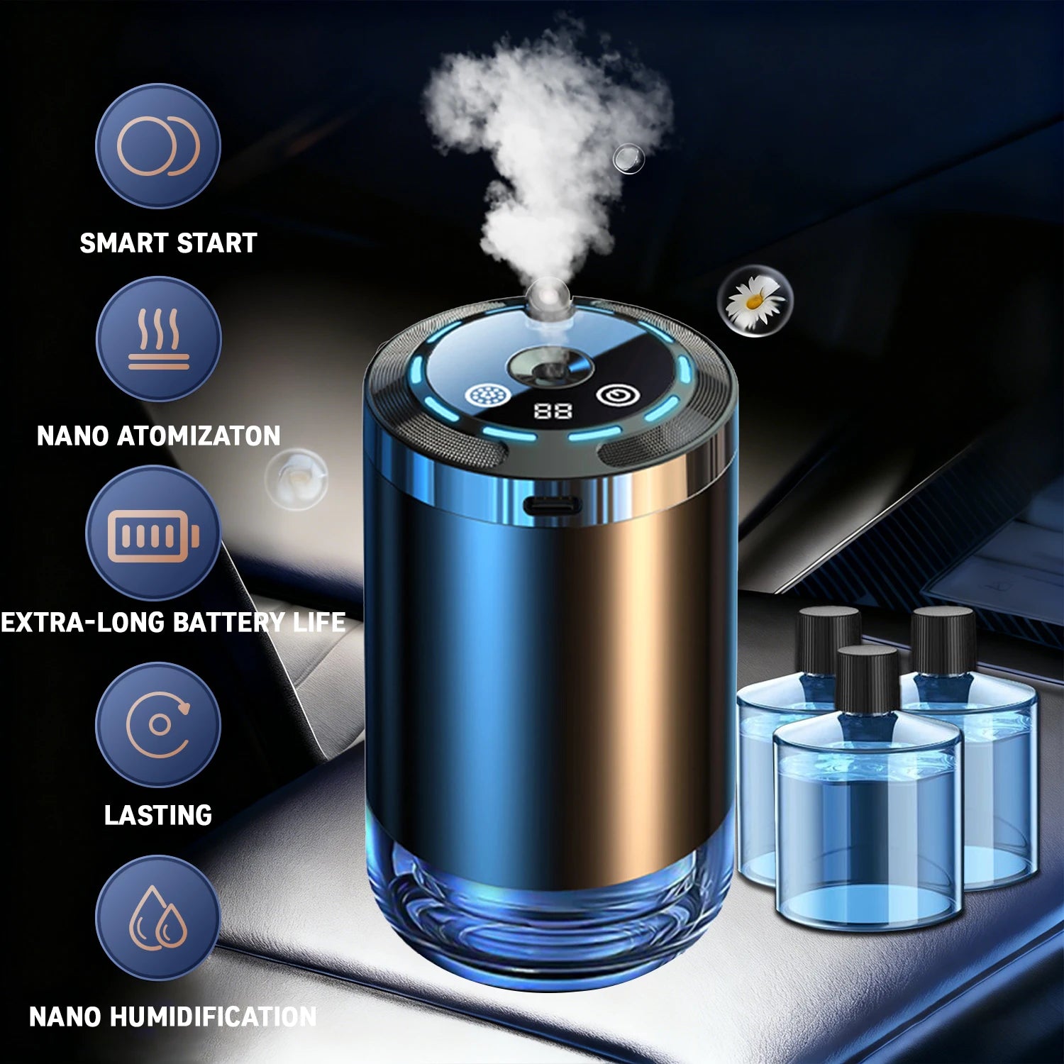 Car Diffuser Humidifier 5 Modes Car Humidifier Aromatherapy Diffusers Car Air Freshener USB Aromatherapy Essential Oil Air Freshener USB Cool Mist Mini Portable Diffuser For Car Home Office Bedroom with 3 Bottle Ocean Scent