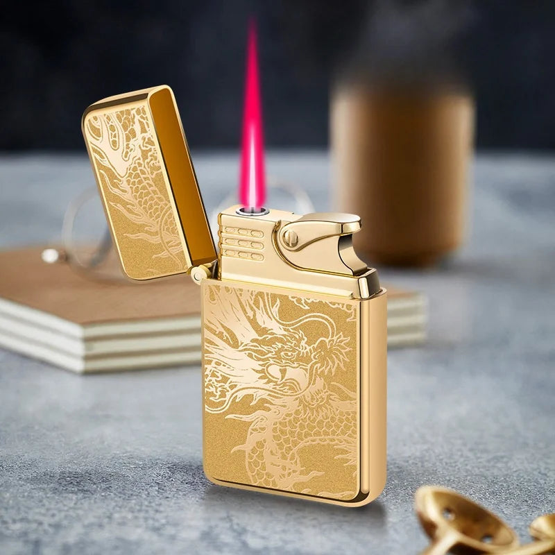 Gold Dragon Metal Torch Lighter Windproof Outdoor Survival Butane Jet Lighter Adjustable Flame for Camping BBQ Gift No Gas