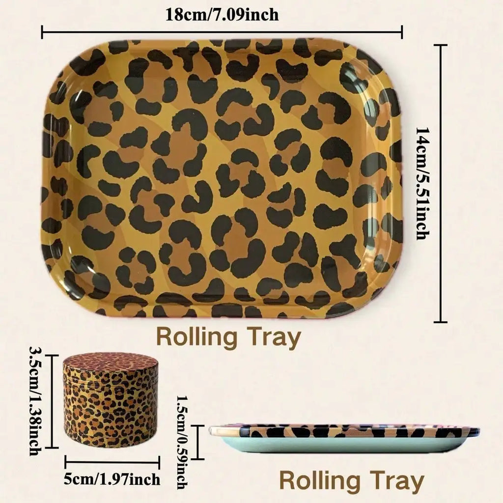 Cheetah Print Rolling Tray Set | Includes 180*140mm Rolling Tray, 4-Layers Aluminum Alloy Grinder |  Smoking Accessories Kit, For Friends, Families, And Smokers