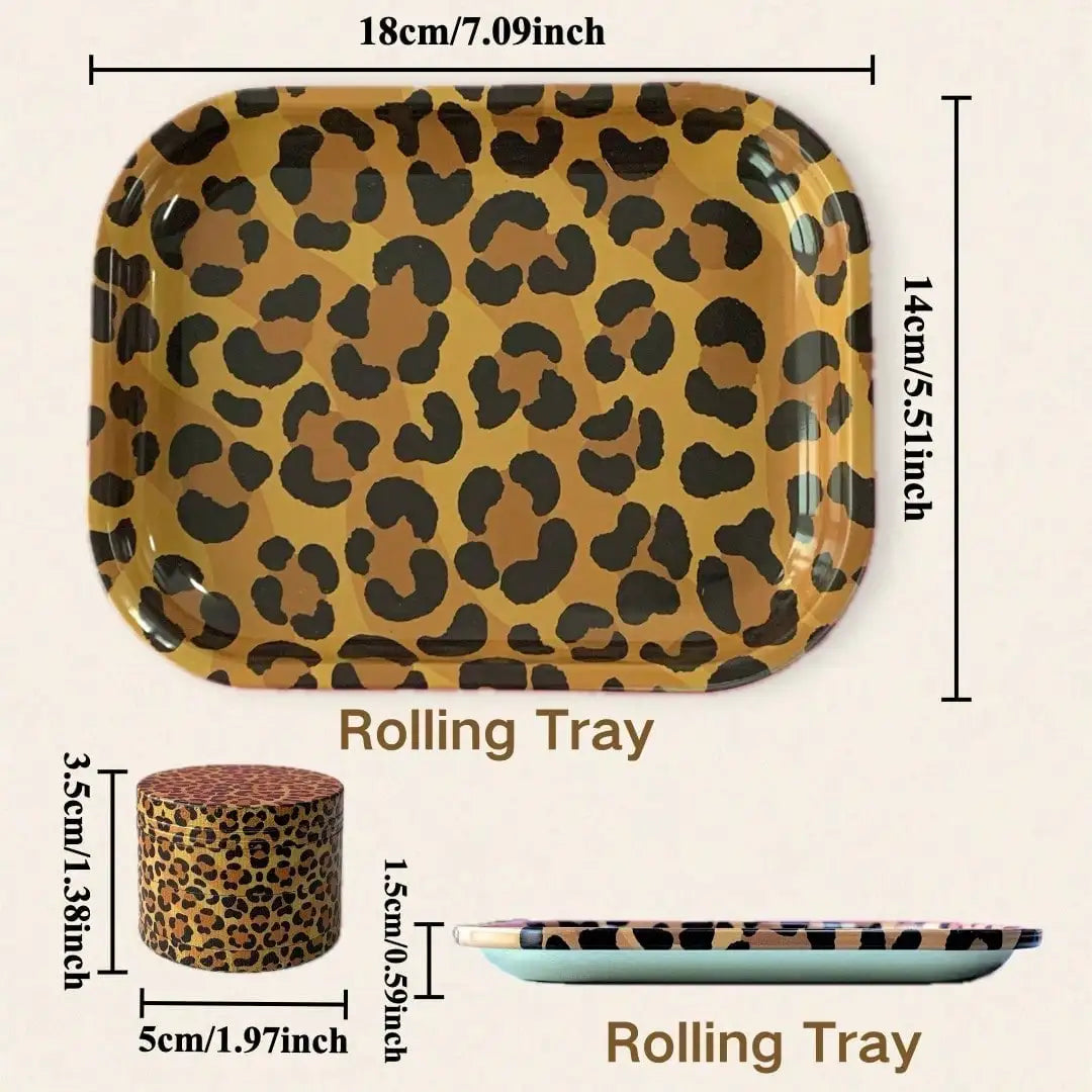 Cheetah Print Rolling Tray Set | Includes 180*140mm Rolling Tray, 4-Layers Aluminum Alloy Grinder |  Smoking Accessories Kit, For Friends, Families, And Smokers