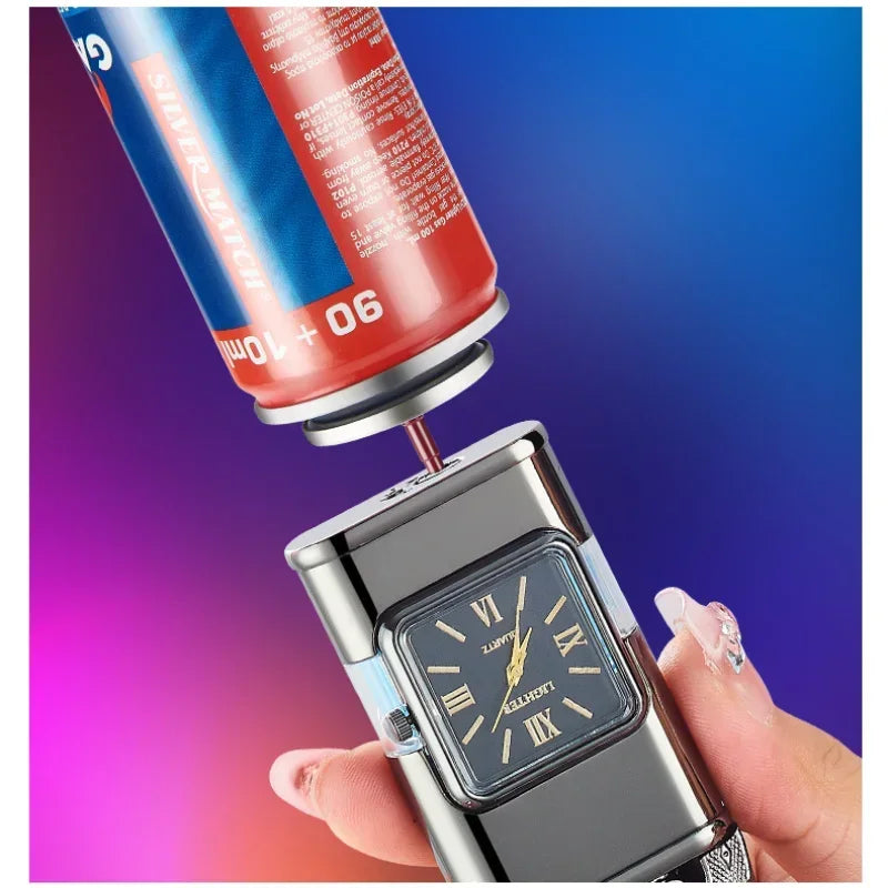 Gun Model Dual Flame Lighter with Watch Metal Windproof Torch Jet Open Flames Personalized Embossed Lighters for Men's Gifts
