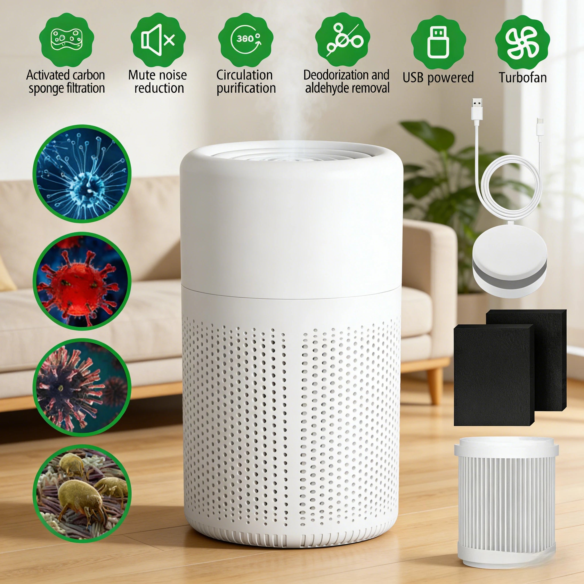 Air Purifier for Home Office Bedroom, Quiet Air Cleaner for Pets Formaldehyde Allergies, HEPA Filter Negative Ion USB Powered