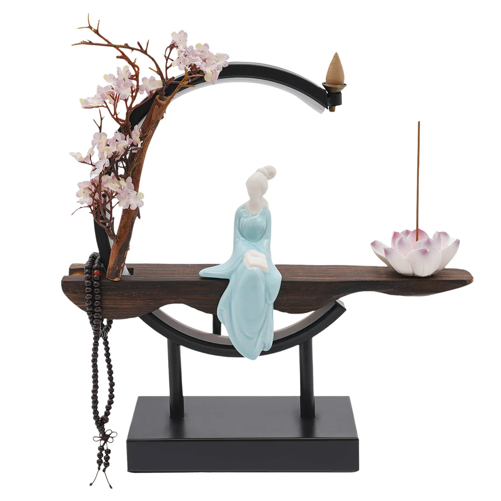 Backflow Incense Burner,Classical Backflow Incense Burner with LED Light,Decorative Incense Stand with Fake Peach Blossoms