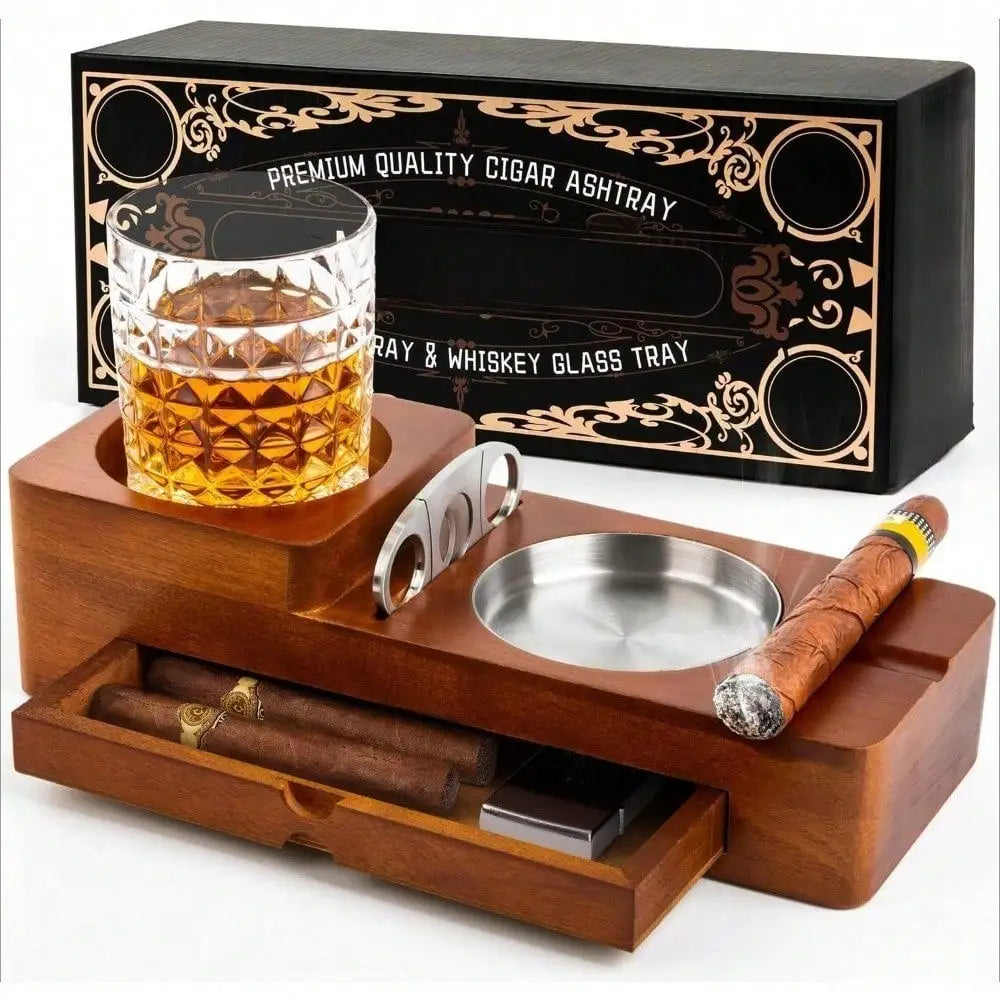 Cigar Ashtray Coaster Whiskey Glass Tray And Holder, Wooden Ash Tray Cigar Accessory Set Gift For Men Dad, Great Decor For Home (Large Drawer)