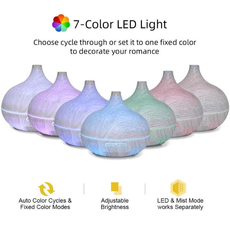 550ml Wood Grain Aromatherapy Diffuser & Humidifier with Remote Control, 6 Essential Oils Included, Ultrasonic Silent Operation