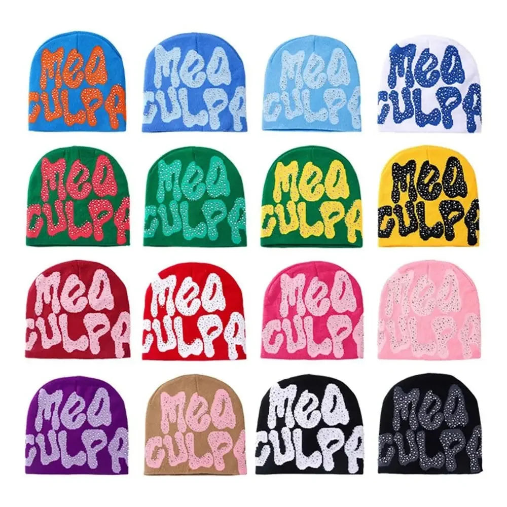 2023 NEW Y2K MEA Culpa Beanies Hat with Rhinestone for Women Men Beanies Hats Hip-hop Soft Stretch Warm Knitted Slouchy Cap