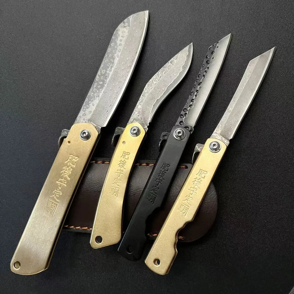 Bronze Handle Folding Knife Damascus Steel Blade A Versatile Cutting Knife for Both Emergency and Daily Use Perfect Gift for Men