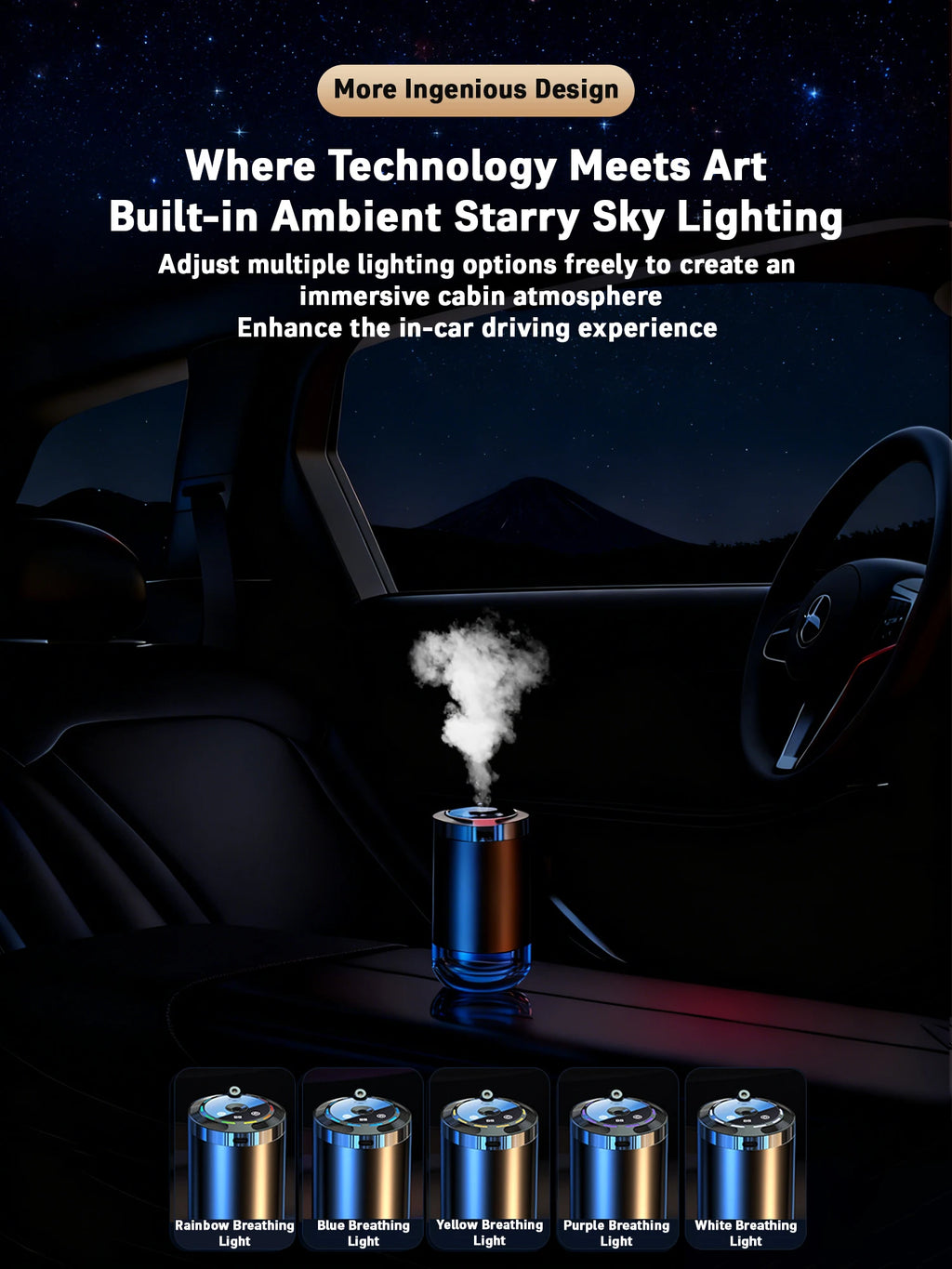 Car Diffuser Humidifier 5 Modes Car Humidifier Aromatherapy Diffusers Car Air Freshener USB Aromatherapy Essential Oil Air Freshener USB Cool Mist Mini Portable Diffuser For Car Home Office Bedroom with 3 Bottle Ocean Scent