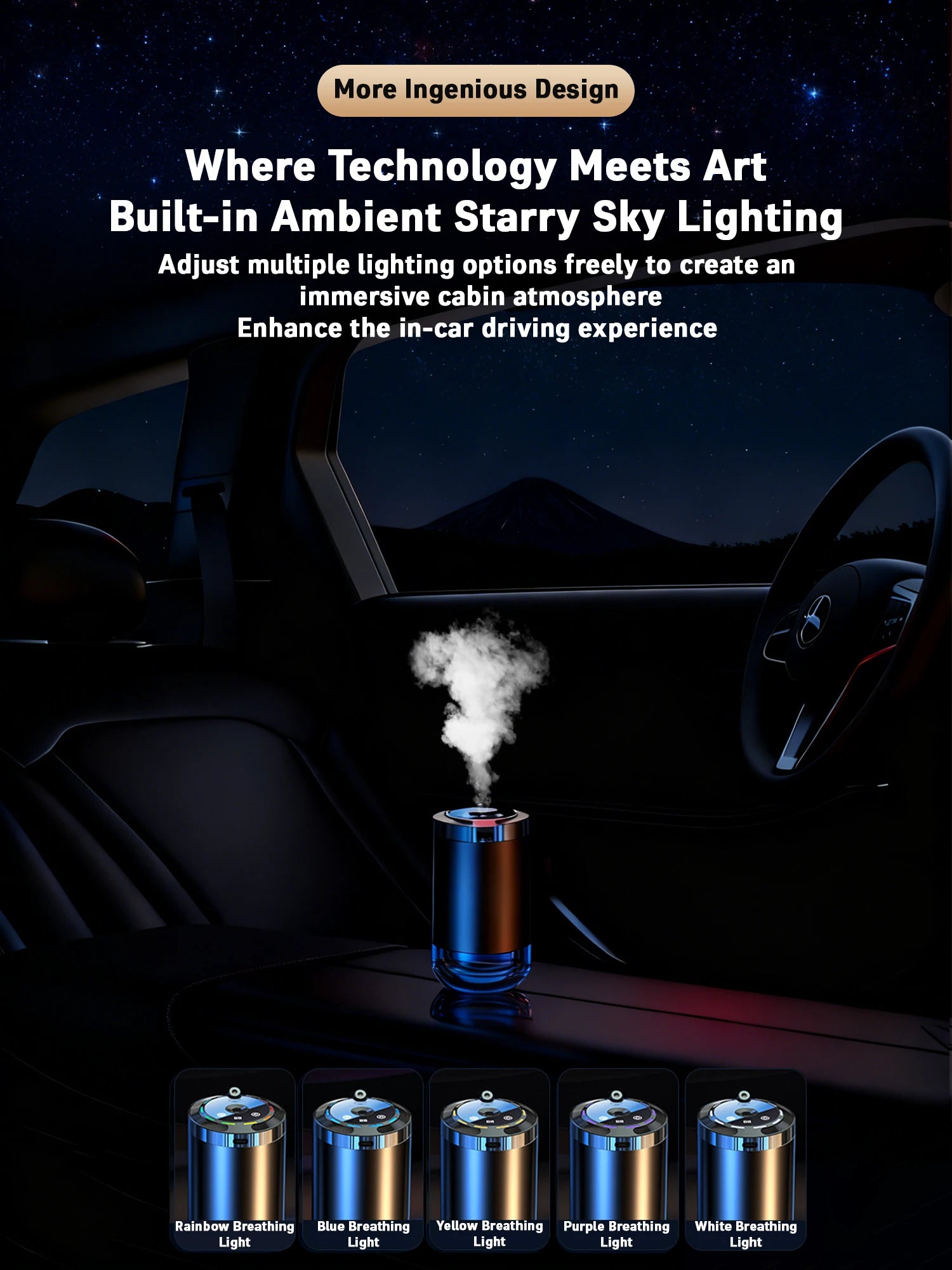 Car Diffuser Humidifier 5 Modes Car Humidifier Aromatherapy Diffusers Car Air Freshener USB Aromatherapy Essential Oil Air Freshener USB Cool Mist Mini Portable Diffuser For Car Home Office Bedroom with 3 Bottle Ocean Scent
