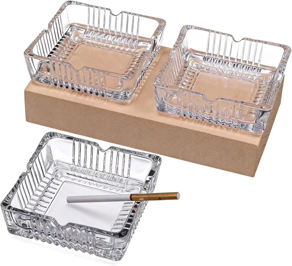 3 Pack Clear Thick Tempered Glass Ashtrays, Easy Clean Heavy Duty for Home Office Outdoor Party