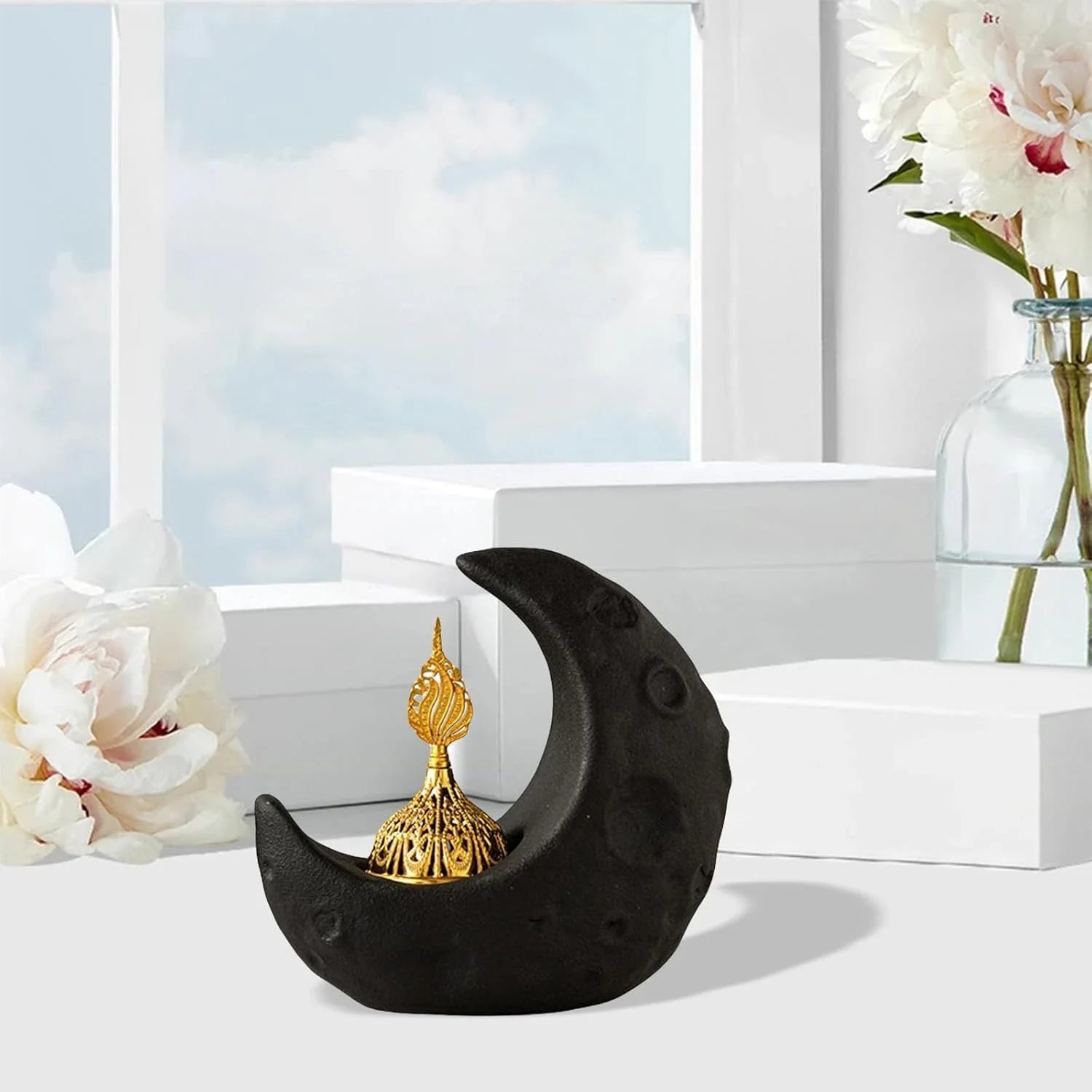 Moon Burner Ceramic Fountain Holder Yoga Meditation Decor Moon Decor Yellow Incense sticks Coil incense burners Insense holder