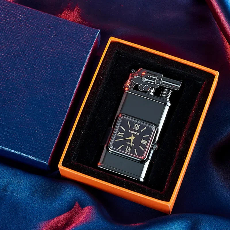 Gun Model Dual Flame Lighter with Watch Metal Windproof Torch Jet Open Flames Personalized Embossed Lighters for Men's Gifts