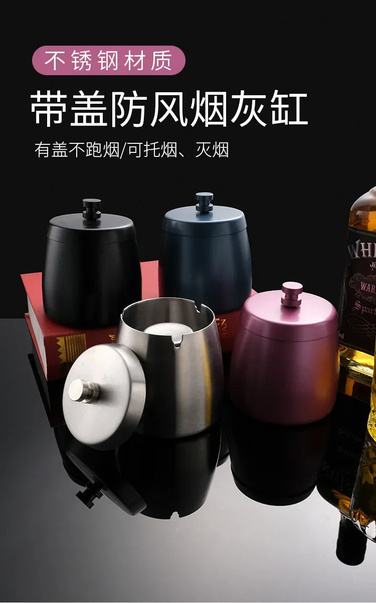 Portable Stainless Steel Ashtray U Groove, Creative Cigar Ashtrays with Cover, Windproof Smokeless Ashtray for Household Hotel