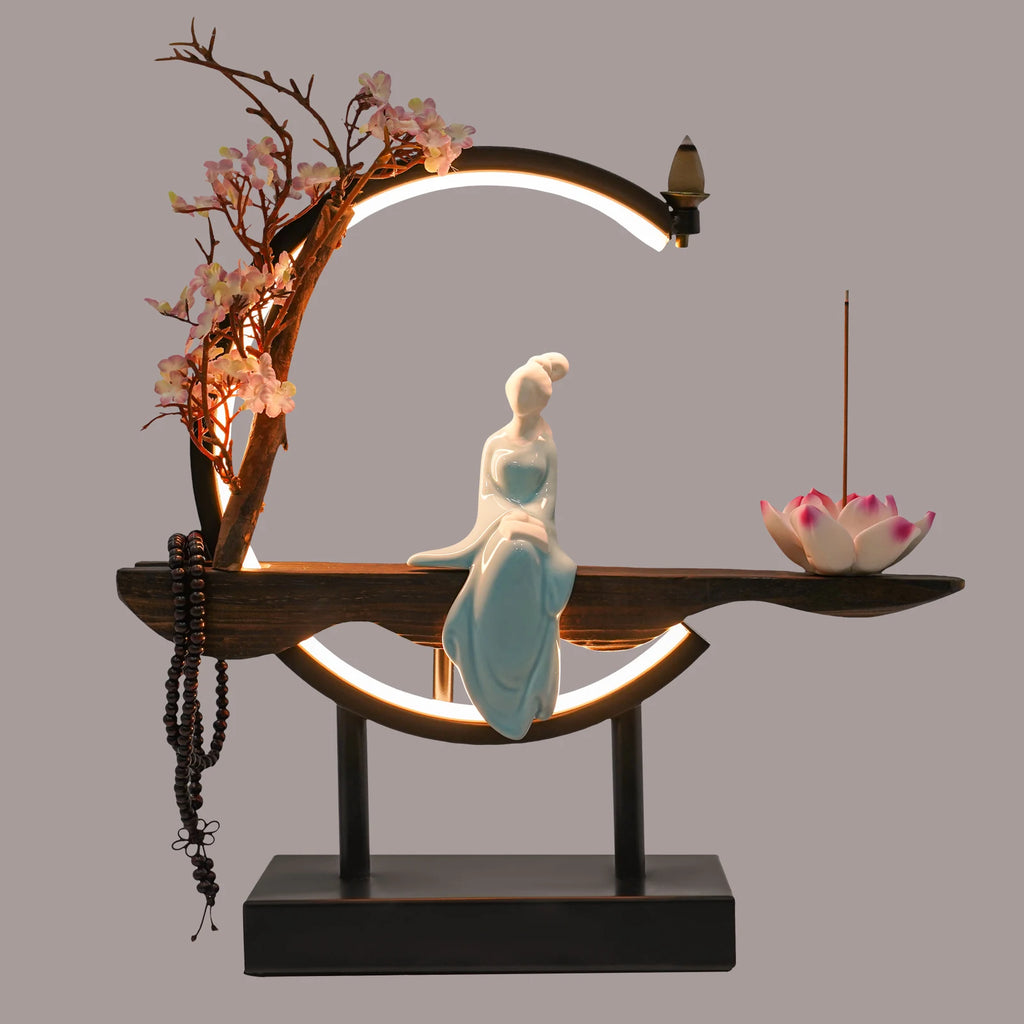 Backflow Incense Burner,Classical Backflow Incense Burner with LED Light,Decorative Incense Stand with Fake Peach Blossoms
