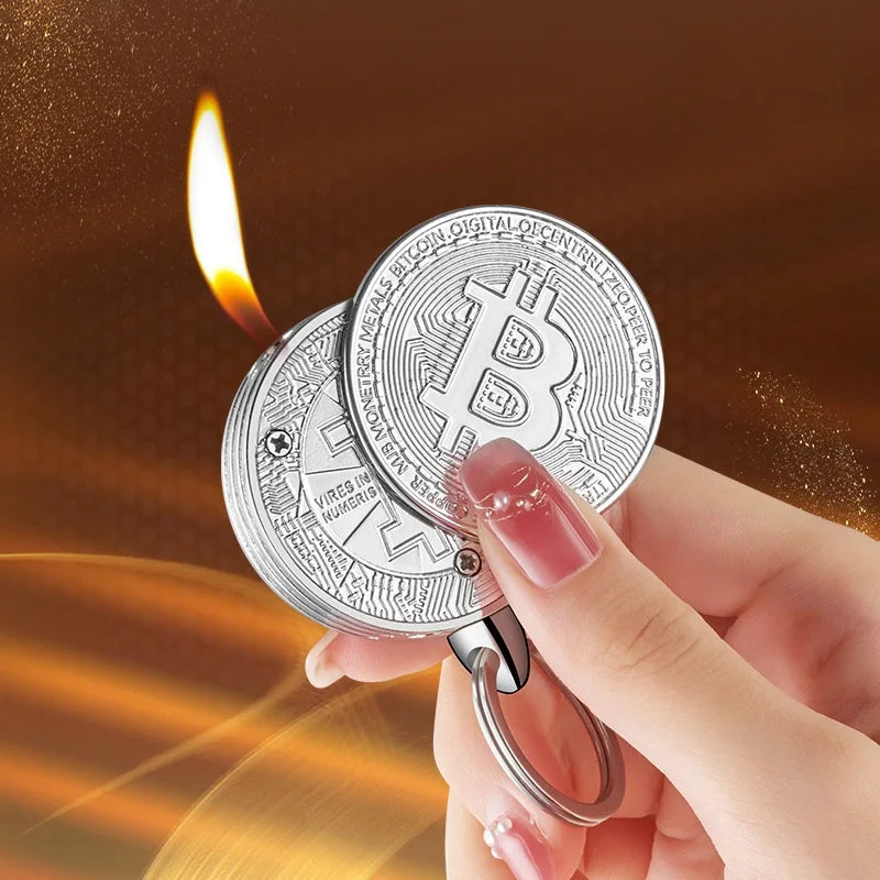 Metal Bitcoin Shaped Side Sliding Ignition Gas Lighter Portable Windproof Lighter for Men's Gifts Cigarette Accessories