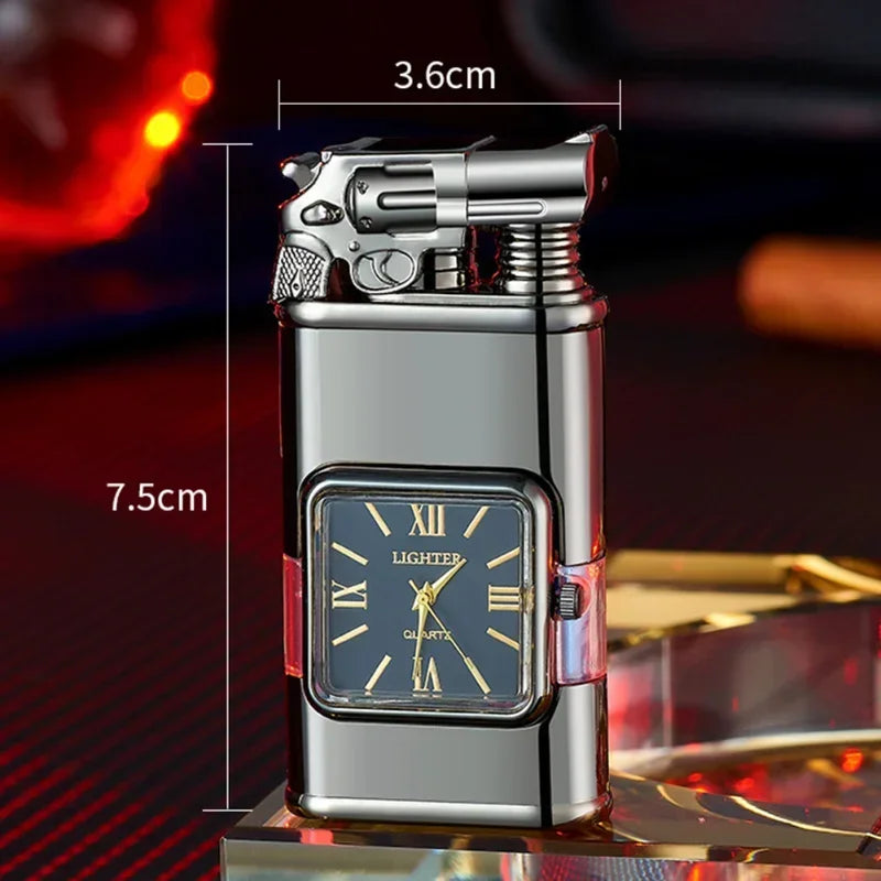Gun Model Dual Flame Lighter with Watch Metal Windproof Torch Jet Open Flames Personalized Embossed Lighters for Men's Gifts