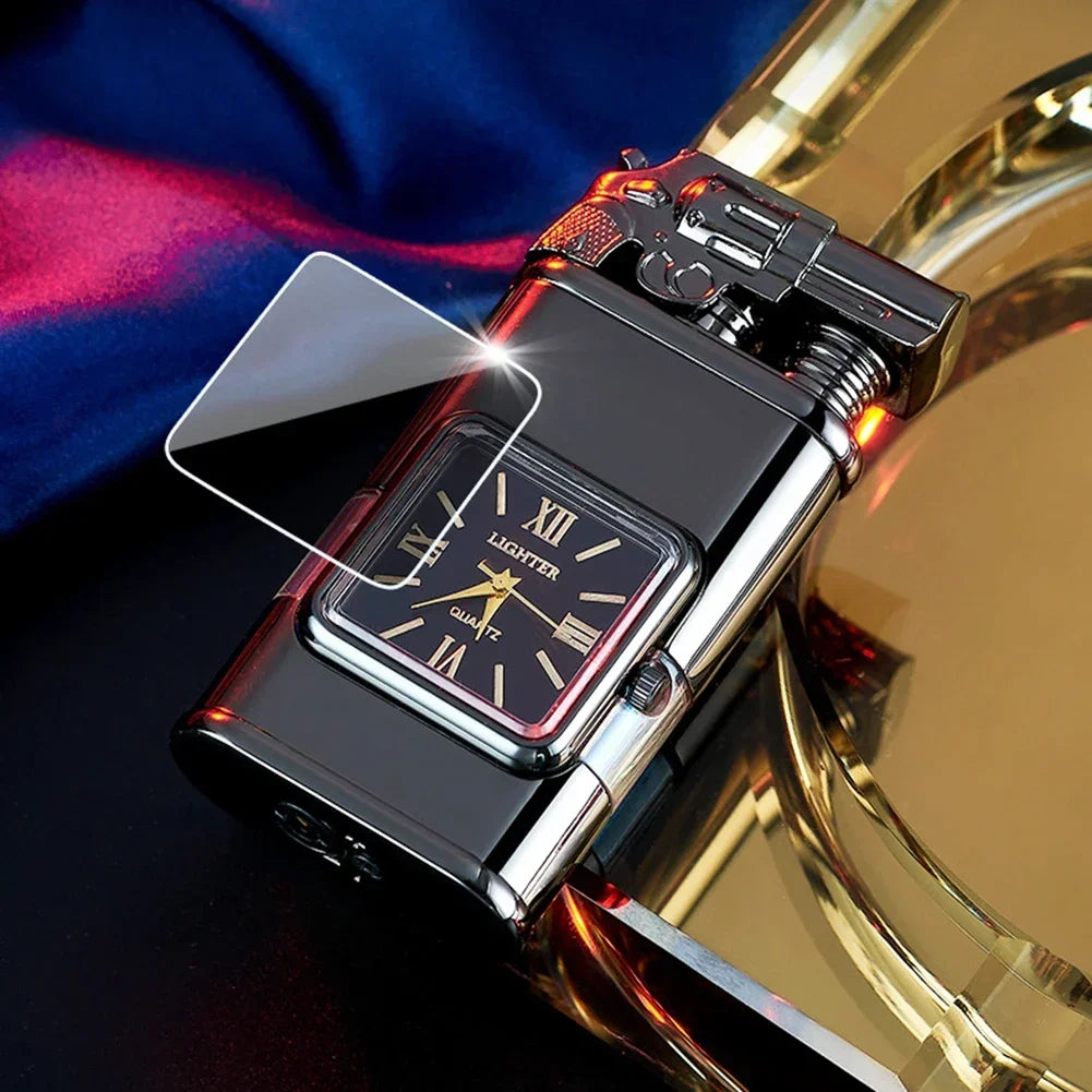 Gun Model Dual Flame Lighter with Watch Metal Windproof Torch Jet Open Flames Personalized Embossed Lighters for Men's Gifts