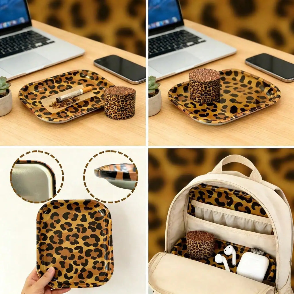 Cheetah Print Rolling Tray Set | Includes 180*140mm Rolling Tray, 4-Layers Aluminum Alloy Grinder |  Smoking Accessories Kit, For Friends, Families, And Smokers