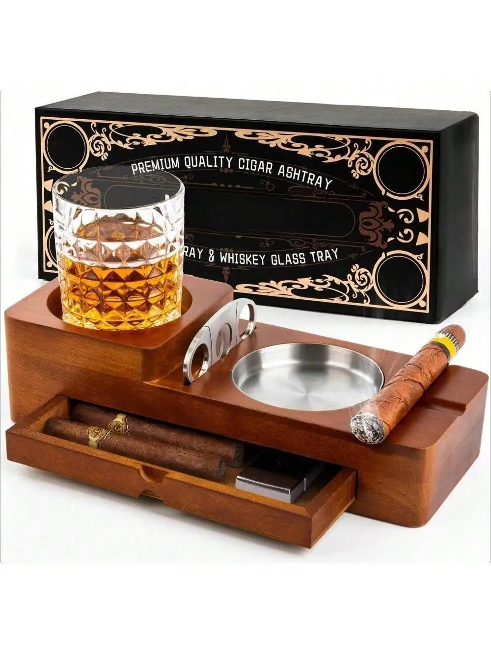 Cigar Ashtray Coaster Whiskey Glass Tray And Holder, Wooden Ash Tray Cigar Accessory Set Gift For Men Dad, Great Decor For Home (Large Drawer)