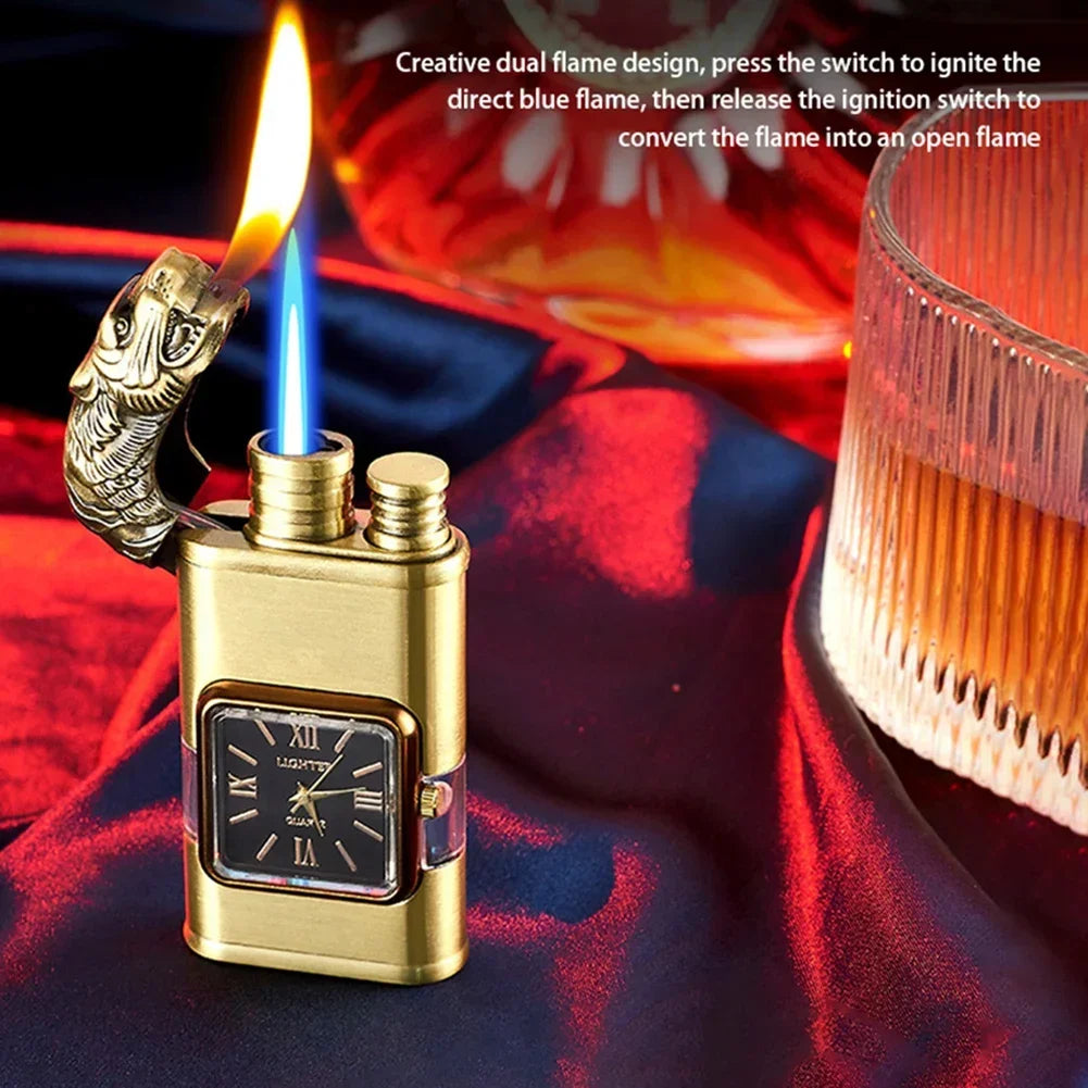 Gun Model Dual Flame Lighter with Watch Metal Windproof Torch Jet Open Flames Personalized Embossed Lighters for Men's Gifts