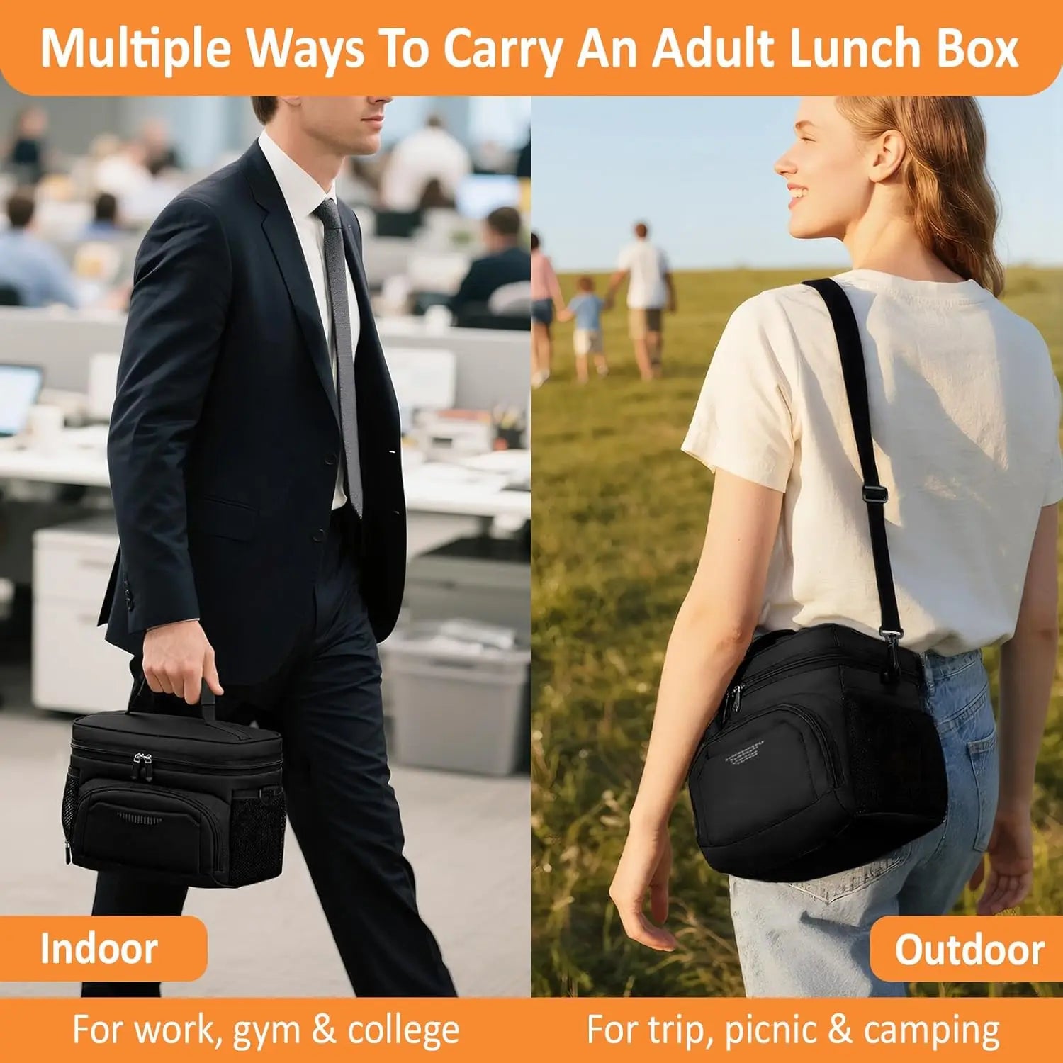 Insulated Lunch Bag for Adults, Leakproof Cooler Tote with Adjustable Strap, Black