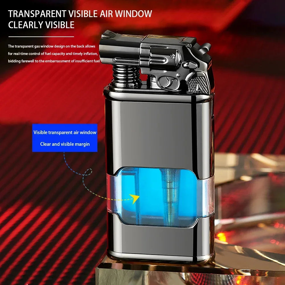 Gun Model Dual Flame Lighter with Watch Metal Windproof Torch Jet Open Flames Personalized Embossed Lighters for Men's Gifts