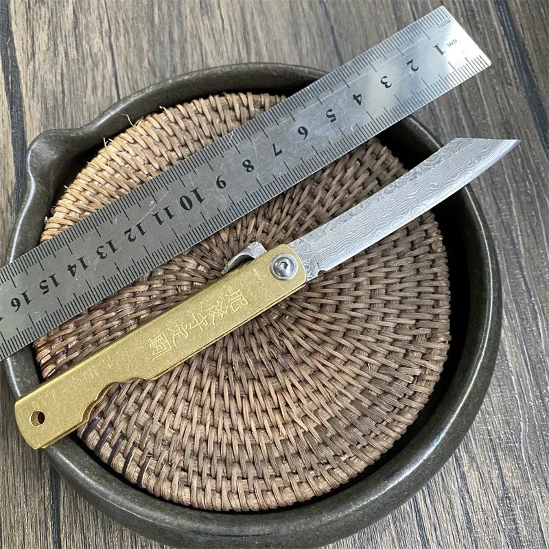 Bronze Handle Folding Knife Damascus Steel Blade A Versatile Cutting Knife for Both Emergency and Daily Use Perfect Gift for Men