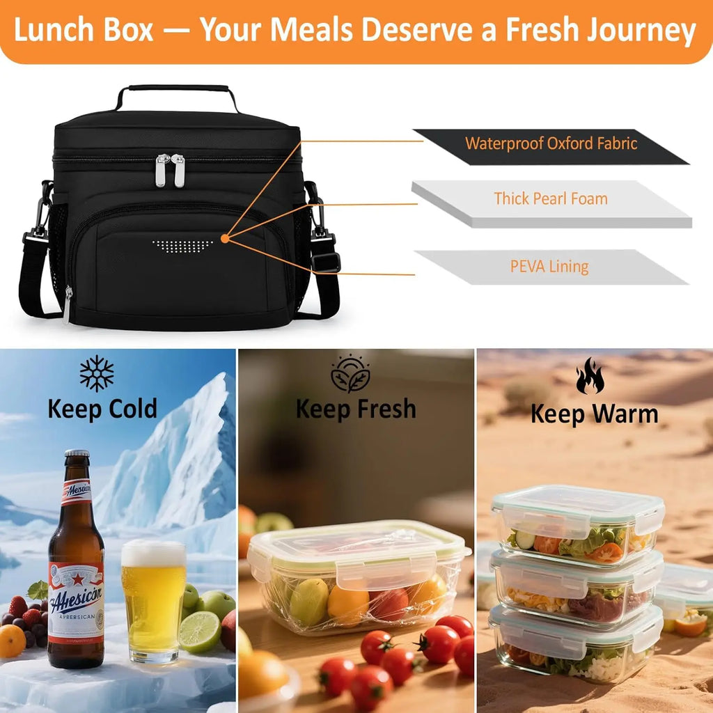 Insulated Lunch Bag for Adults, Leakproof Cooler Tote with Adjustable Strap, Black