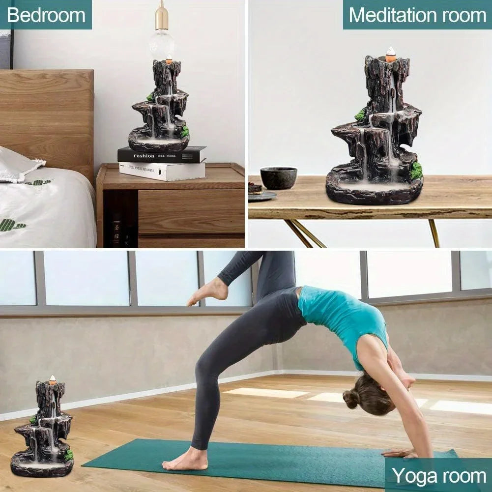 Waterfall Monk Incense Burner Mountain Tower Incense Holders Home Office Yoga Aromatcherapy Ornamen, Stone Brown