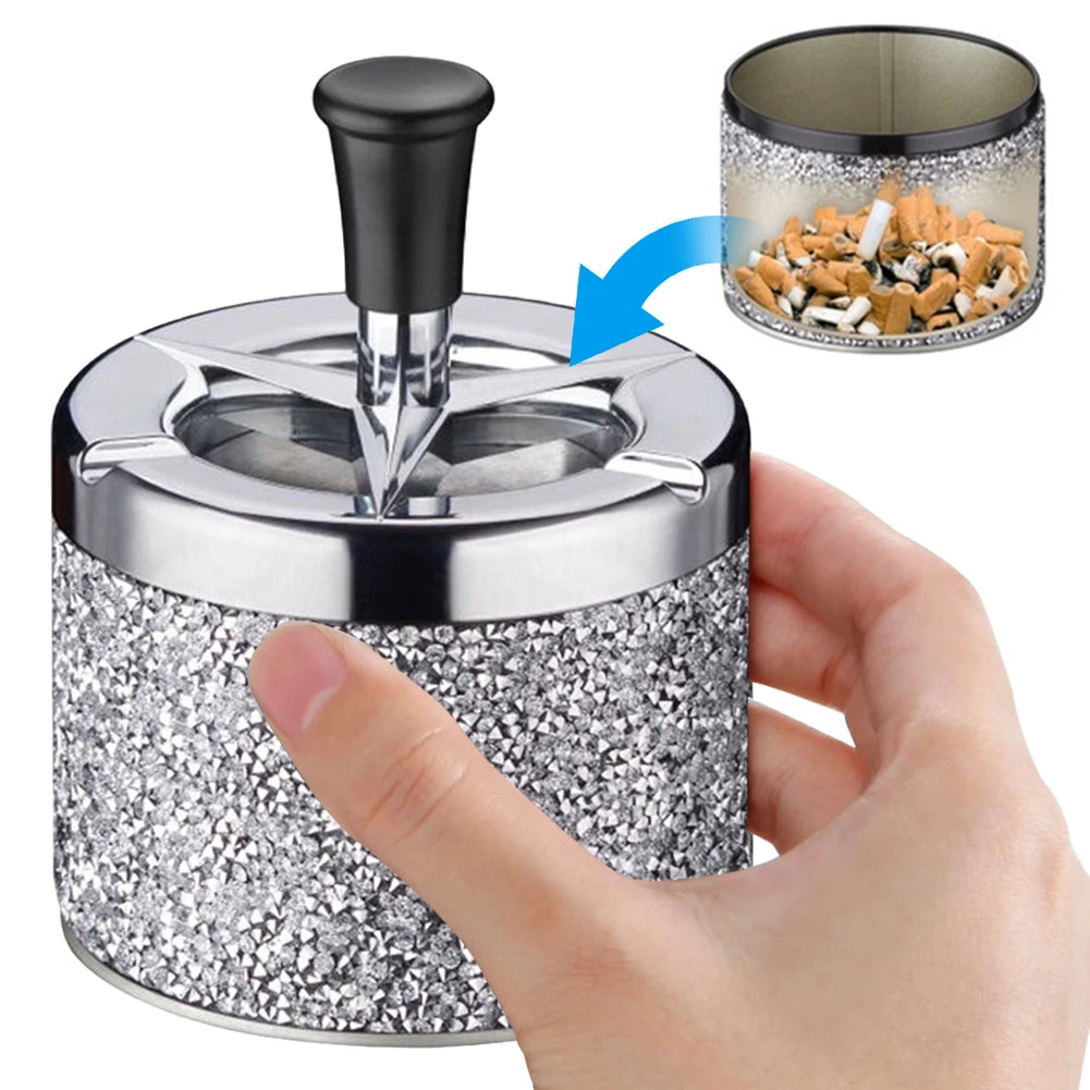 Push Down Ashtray with Lid Spinning Ashtray Windproof Car Ashtray Metal Desktop Ashtray for Cigarette Smoking