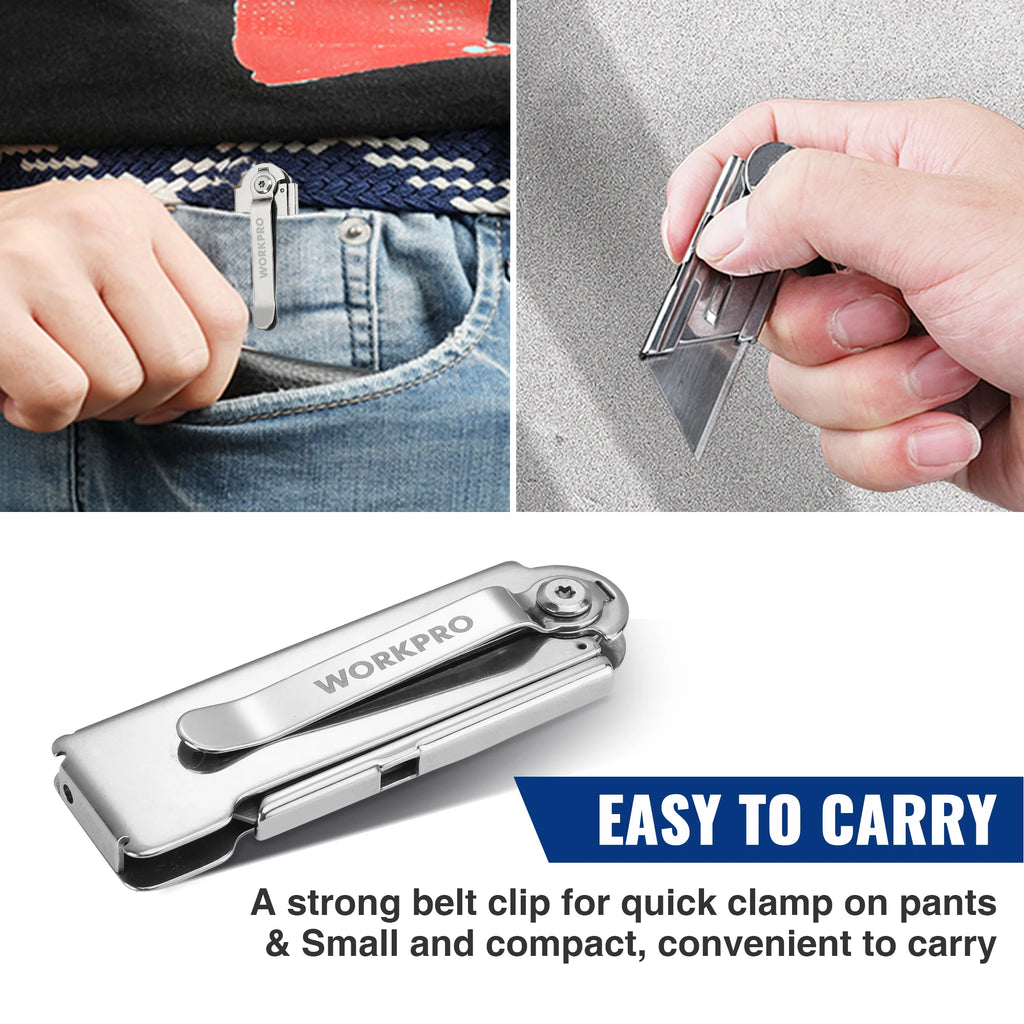 WORKPRO 3pcs Folding Utility Knife Stainless Steel Quick Realse Pocket Knife with Belt Clip Sharp Blade General-Purpose Cutting