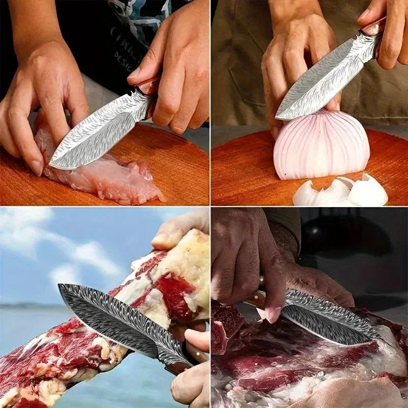 High-Hardness Kitchen Knife Fixed Blade Feather-Patterned Leather Sheath Outdoor Camping Knife Walnut Handle 5Cr13Mov Blade