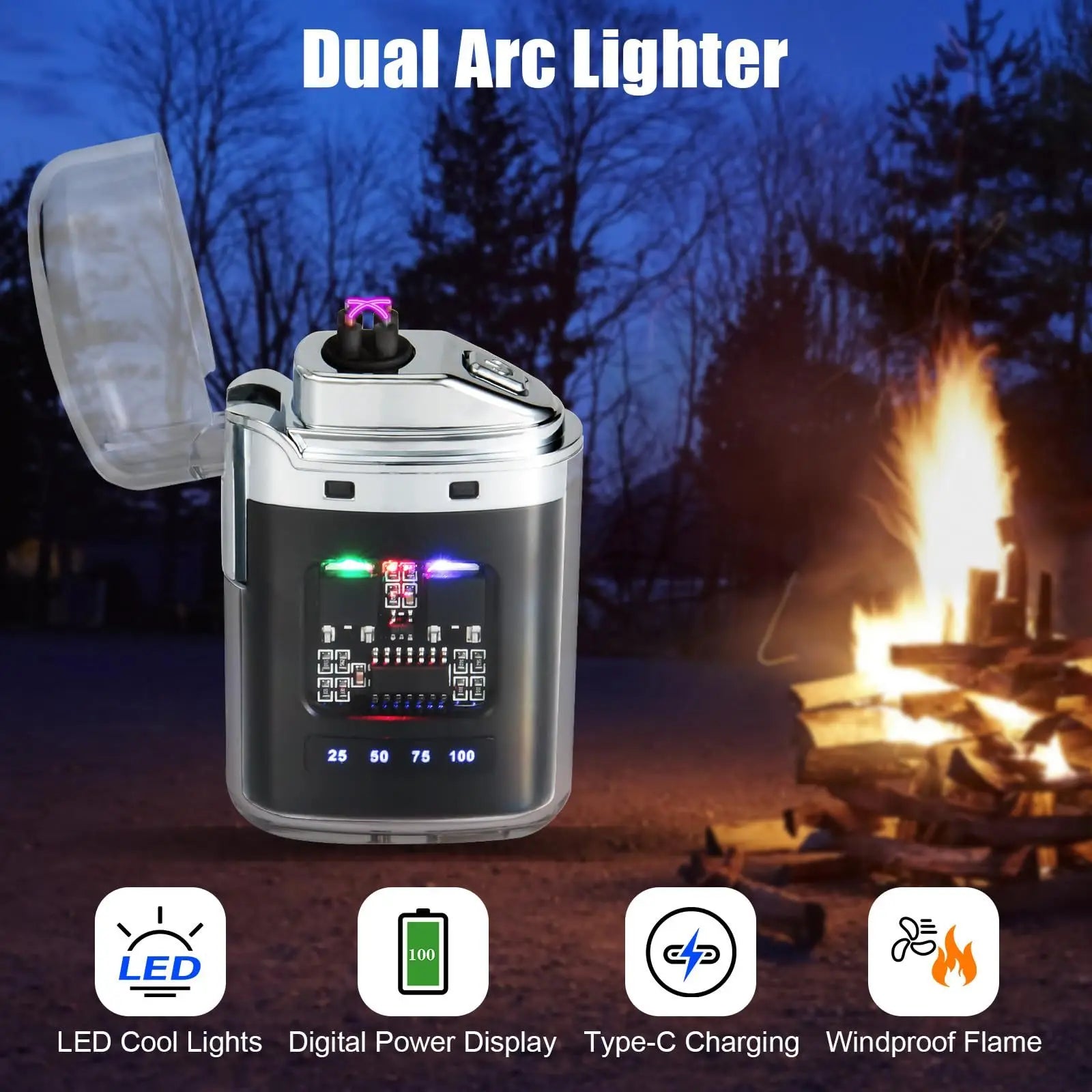 Transparent Dual Arc Plasma Lighter Windproof Electric Pulse Lighter Type-C Fast Rechargeable Portable Gift for Camping Candles