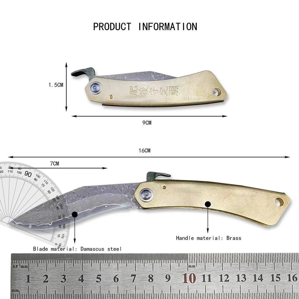 Bronze Handle Folding Knife Damascus Steel Blade A Versatile Cutting Knife for Both Emergency and Daily Use Perfect Gift for Men