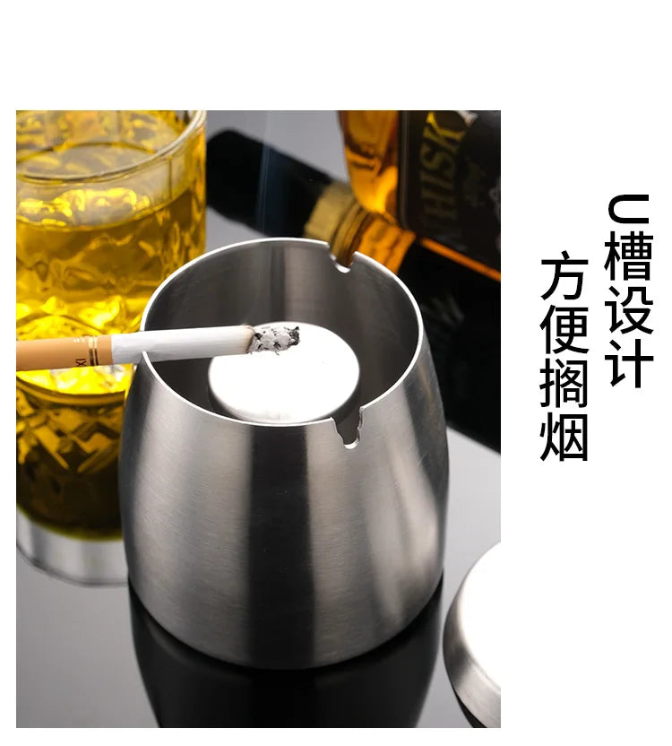 Portable Stainless Steel Ashtray U Groove, Creative Cigar Ashtrays with Cover, Windproof Smokeless Ashtray for Household Hotel