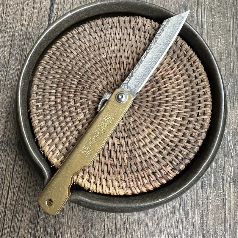 Bronze Handle Folding Knife Damascus Steel Blade A Versatile Cutting Knife for Both Emergency and Daily Use Perfect Gift for Men