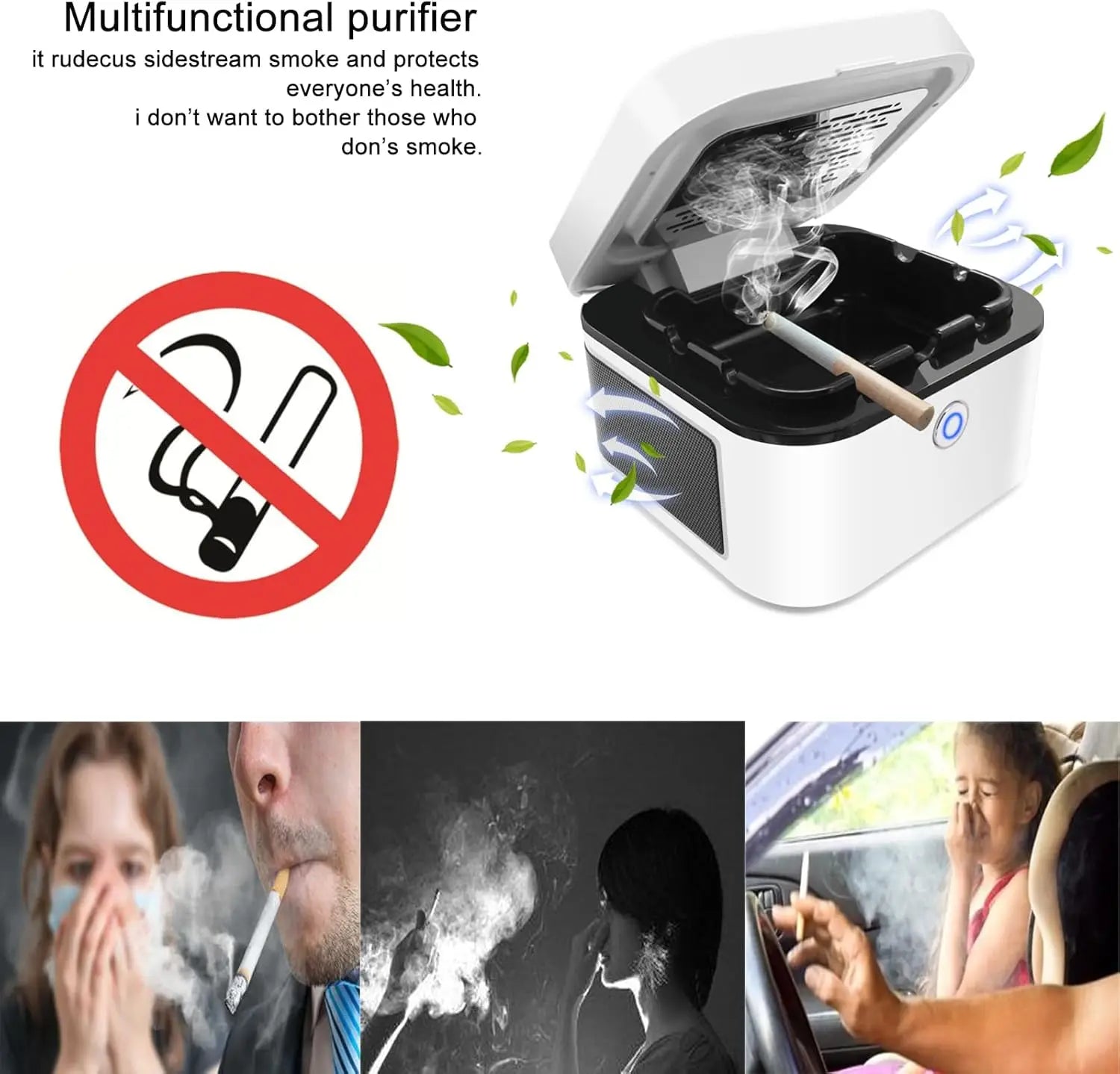 Smokeless Ashtray with HEPA Filter, USB Charging for Home or Car Use - White