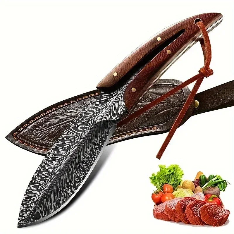 High-Hardness Kitchen Knife Fixed Blade Feather-Patterned Leather Sheath Outdoor Camping Knife Walnut Handle 5Cr13Mov Blade