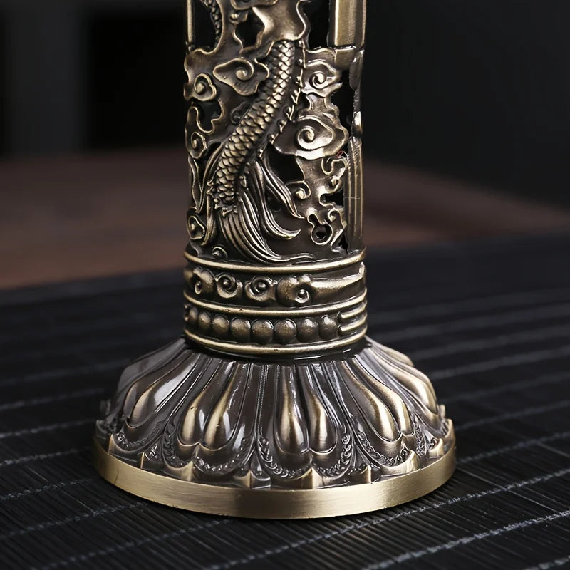 Retro Vertical Incense Burner Buddha Heart Sutra Dragon Phoenix Pillar Metal Incense Stick Home Office Ceremony Decoration