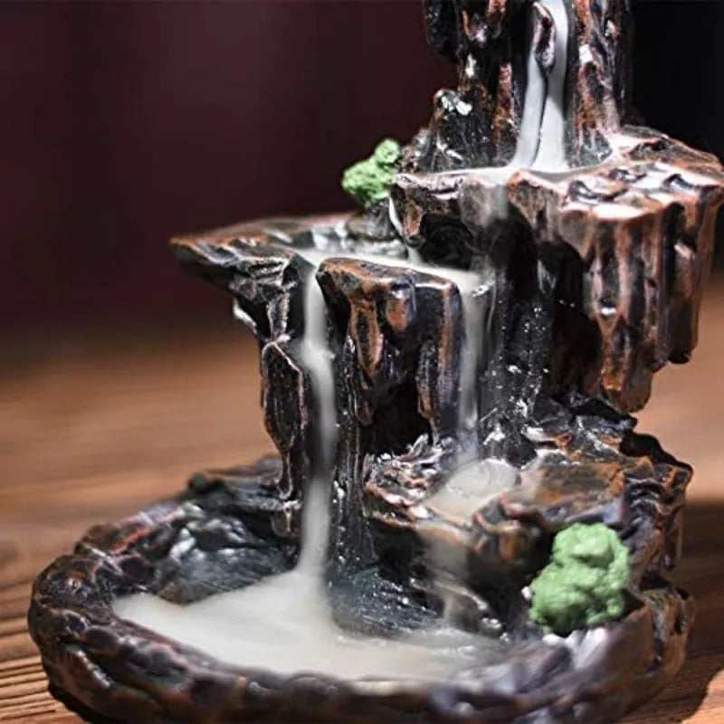 Waterfall Monk Incense Burner Mountain Tower Incense Holders Home Office Yoga Aromatcherapy Ornamen, Stone Brown
