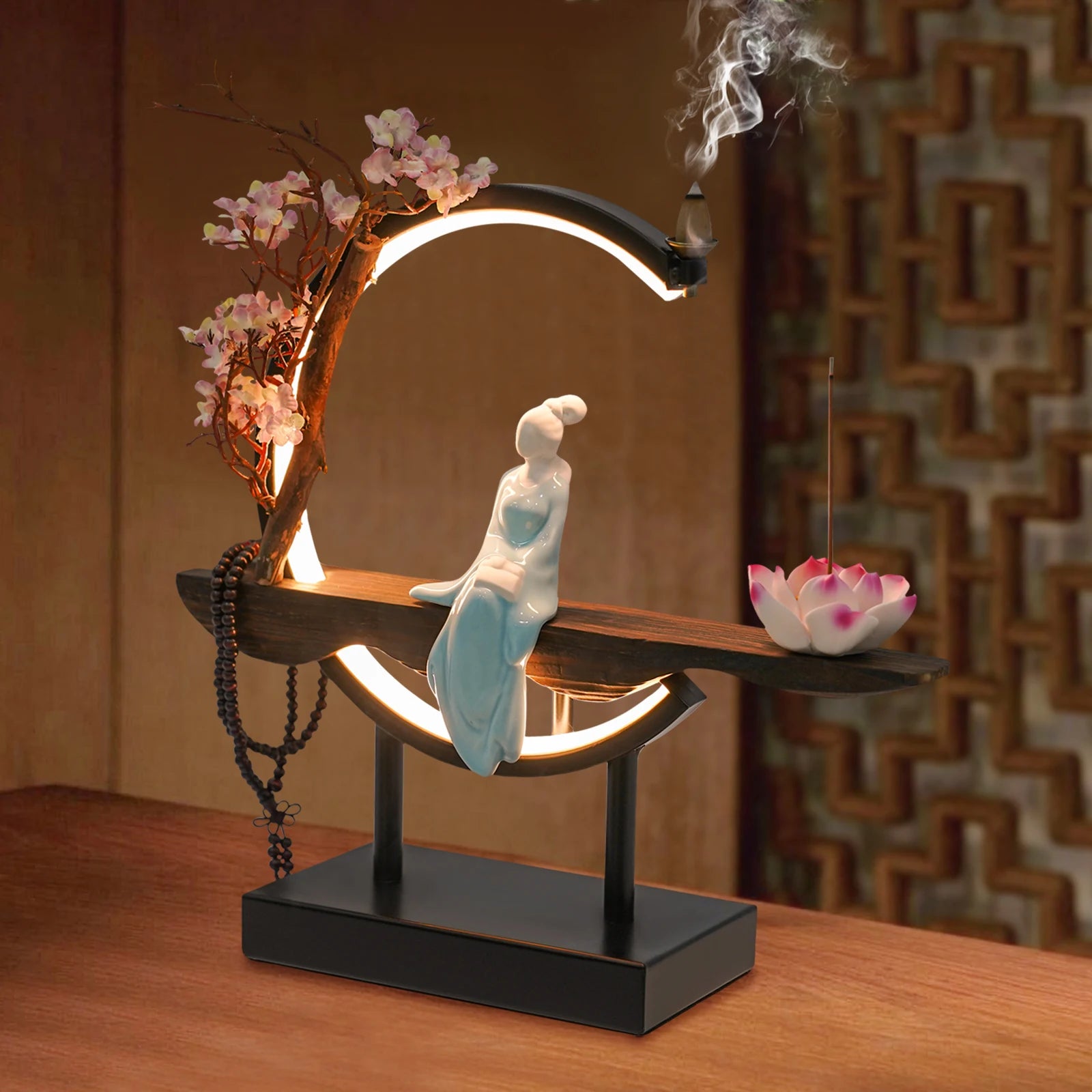 Backflow Incense Burner,Classical Backflow Incense Burner with LED Light,Decorative Incense Stand with Fake Peach Blossoms