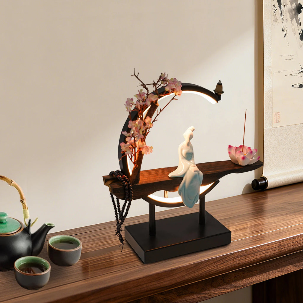 Backflow Incense Burner,Classical Backflow Incense Burner with LED Light,Decorative Incense Stand with Fake Peach Blossoms