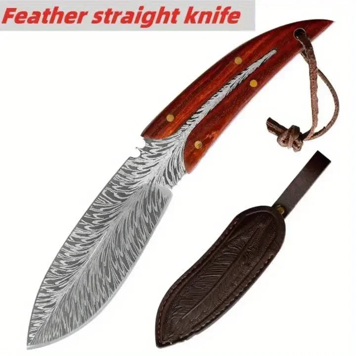 High-Hardness Kitchen Knife Fixed Blade Feather-Patterned Leather Sheath Outdoor Camping Knife Walnut Handle 5Cr13Mov Blade
