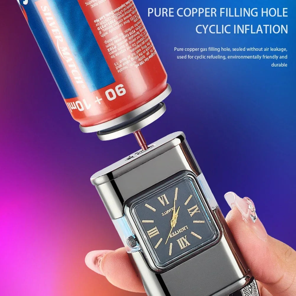 Gun Model Dual Flame Lighter with Watch Metal Windproof Torch Jet Open Flames Personalized Embossed Lighters for Men's Gifts