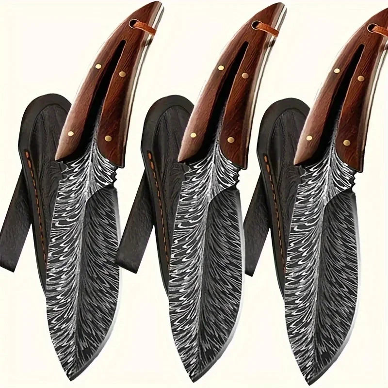 High-Hardness Kitchen Knife Fixed Blade Feather-Patterned Leather Sheath Outdoor Camping Knife Walnut Handle 5Cr13Mov Blade