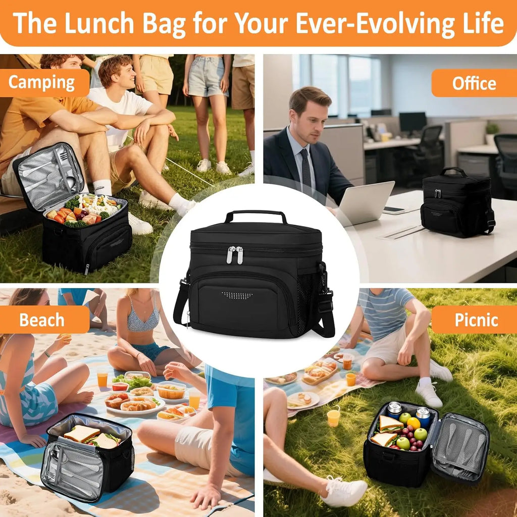Insulated Lunch Bag for Adults, Leakproof Cooler Tote with Adjustable Strap, Black