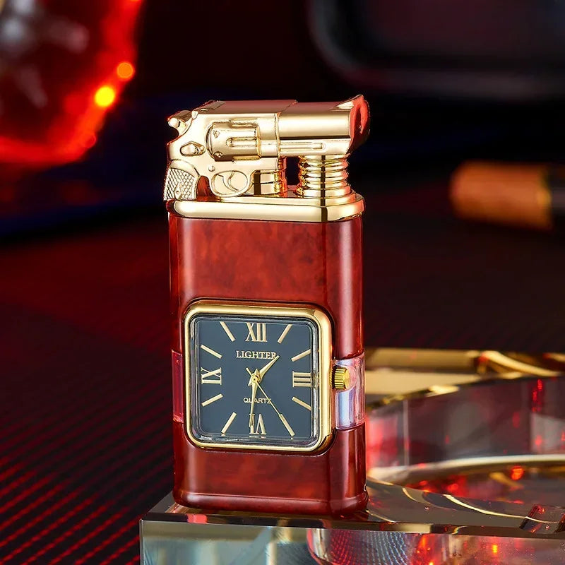 Gun Model Dual Flame Lighter with Watch Metal Windproof Torch Jet Open Flames Personalized Embossed Lighters for Men's Gifts