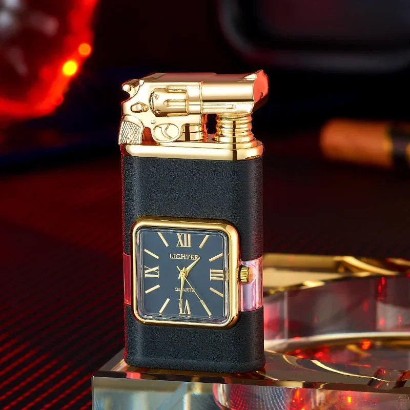 Gun Model Dual Flame Lighter with Watch Metal Windproof Torch Jet Open Flames Personalized Embossed Lighters for Men's Gifts